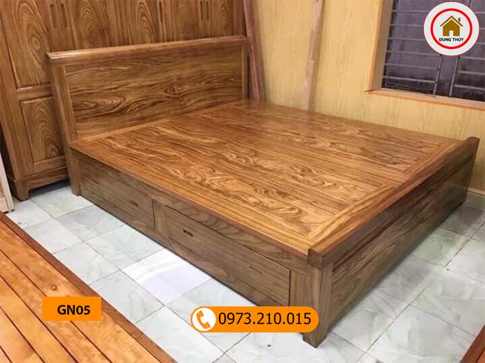 Giường ngủ 2 ngăn kéo gỗ hương xám cao cấp GN05