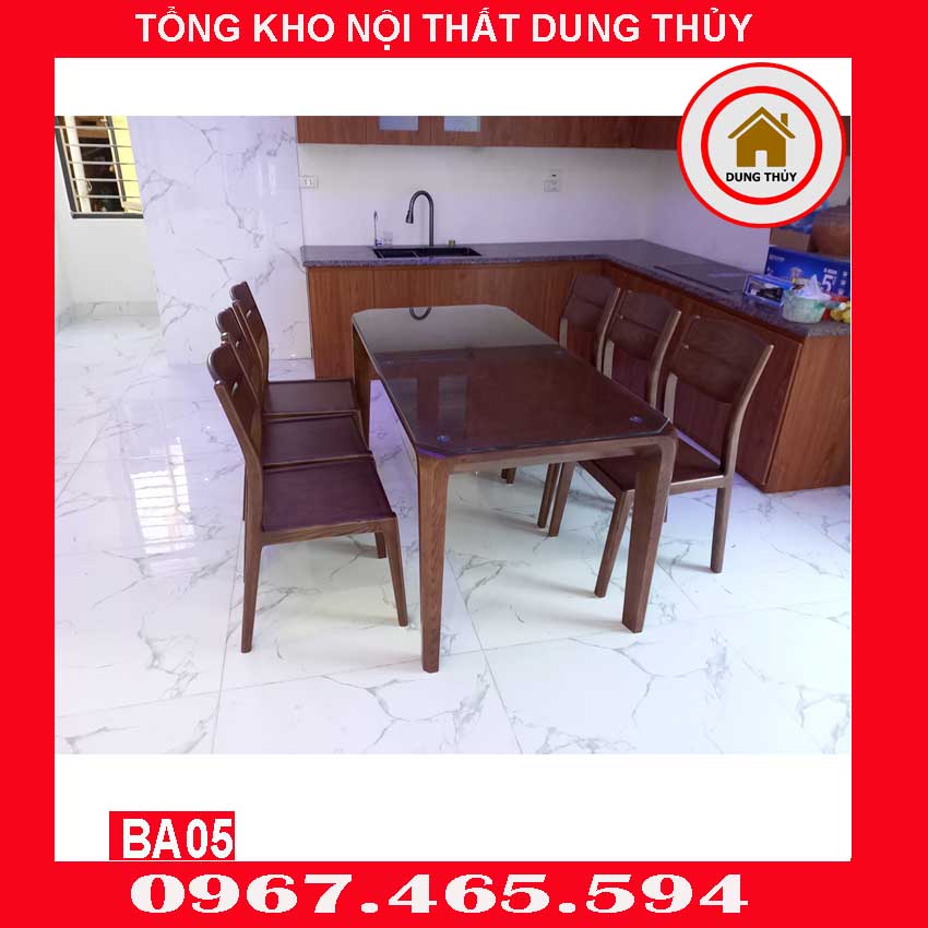 Bộ bàn ăn 6 ghế chân hươu 2 lá mặt đá gỗ sồi Nga BA05