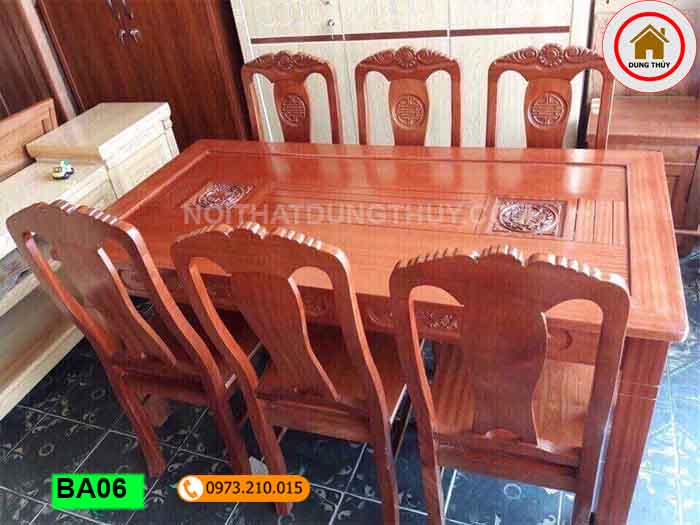 Bàn ăn chữ nhật 6 ghế kiểu xưa gỗ xoan đào BA06