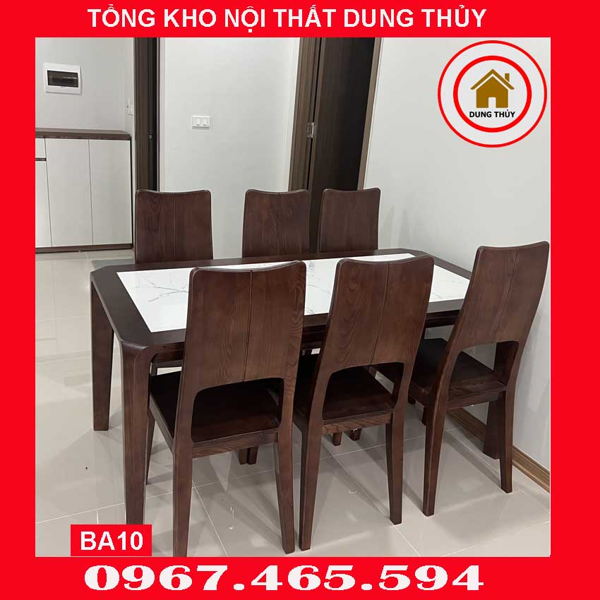 Bàn ăn 6 ghế mặt liền bàn chữ nhật kiểu đơn giản gỗ sồi Nga BA10 2