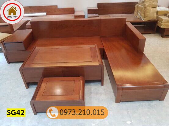 Bộ ghế sofa góc chân cong bàn cong gỗ xoan đào SG42