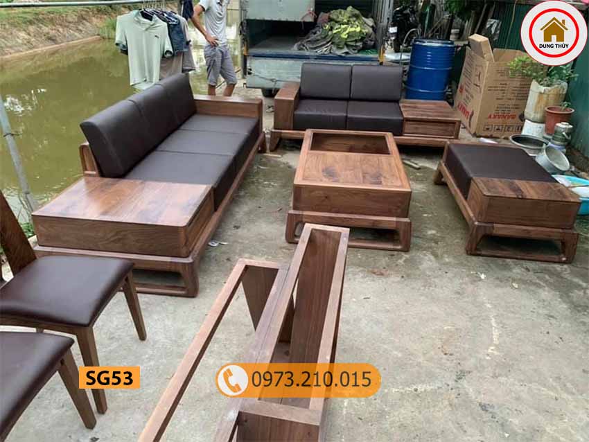 Bộ ghế sofa 2 văng chân quỳ chữ U gỗ óc chó SG53
