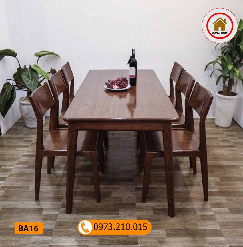 Bộ bàn ăn 6 ghế mặt chữ nhật gỗ me tây BA16