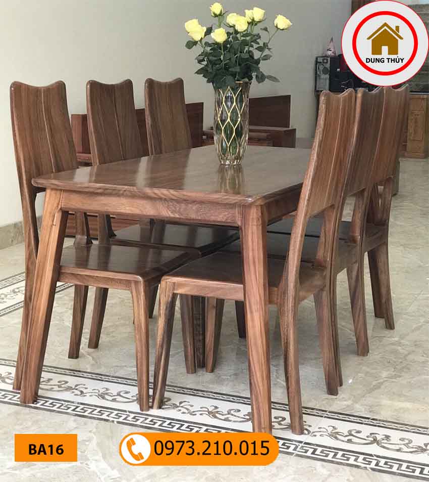 Bộ bàn ăn 6 ghế mặt chữ nhật gỗ me tây BA16