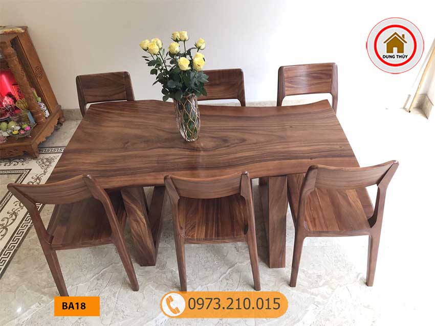 Bộ bàn ăn nguyên tấm 6 ghế bằng gỗ me tây BA18
