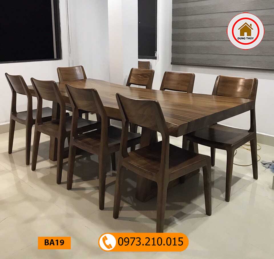 Bộ bàn ăn nguyên tấm 8 ghế gỗ me tây BA19