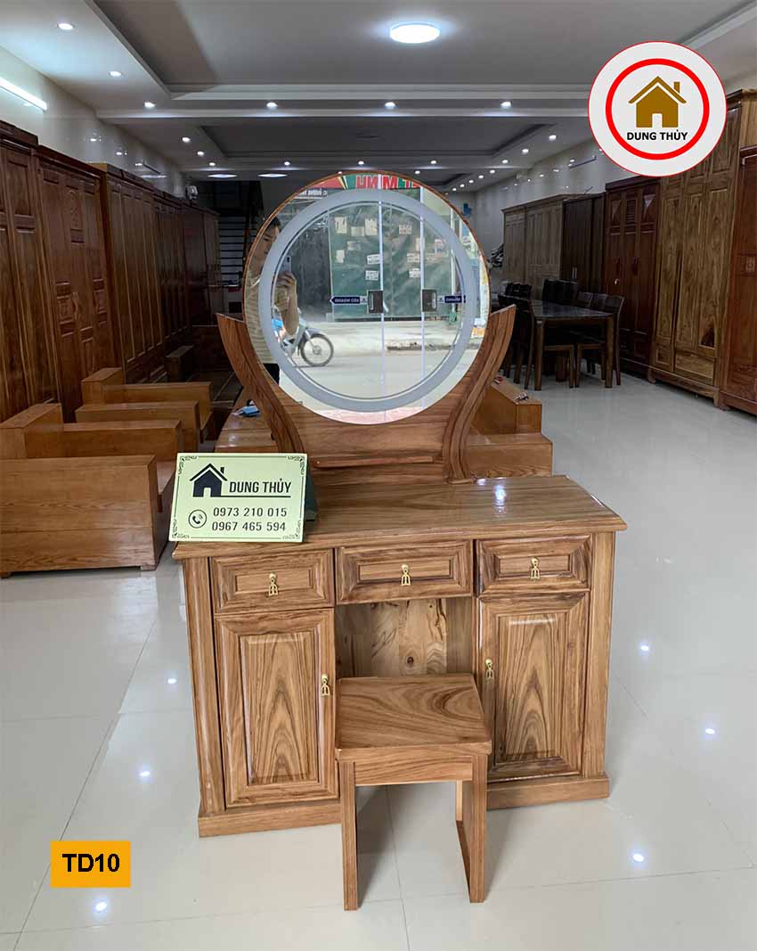 Bàn phấn trang điểm nghệ thuật dạng gương tròn gỗ hương xám TD10