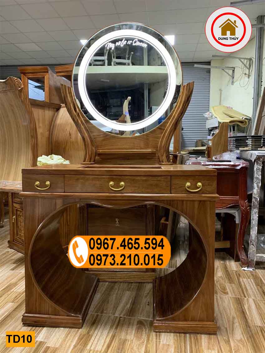 Bàn phấn trang điểm nghệ thuật dạng gương tròn gỗ hương xám TD10