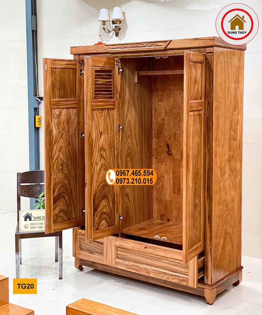 Tủ đựng quần áo 3 cánh 2 buồng gỗ hương xám TG20