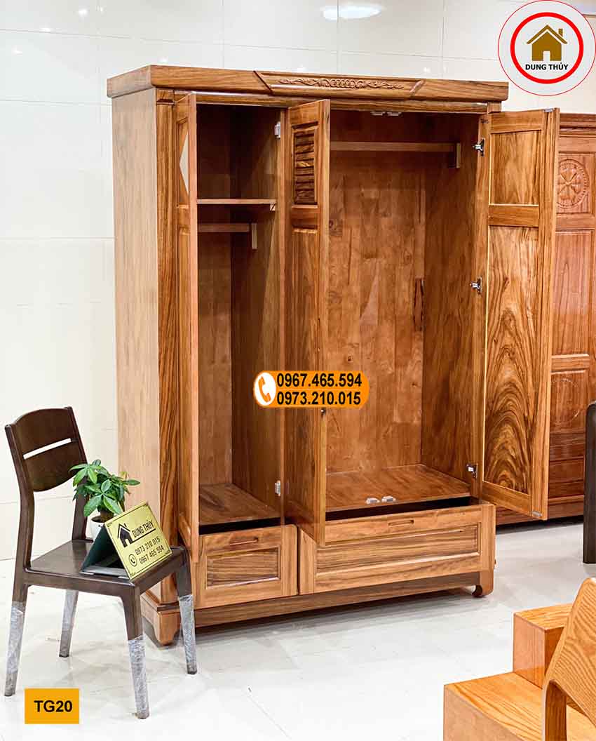 Tủ đựng quần áo 3 cánh 2 buồng gỗ hương xám TG20