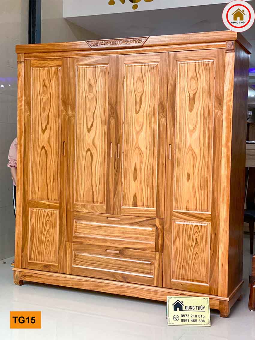 Tủ quần áo 4 cánh 3 buồng gỗ hương xám vàng TG15