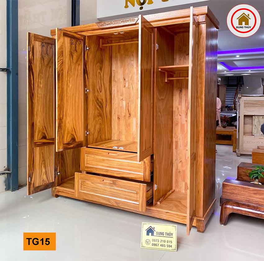 Tủ quần áo 4 cánh 3 buồng gỗ hương xám vàng TG15