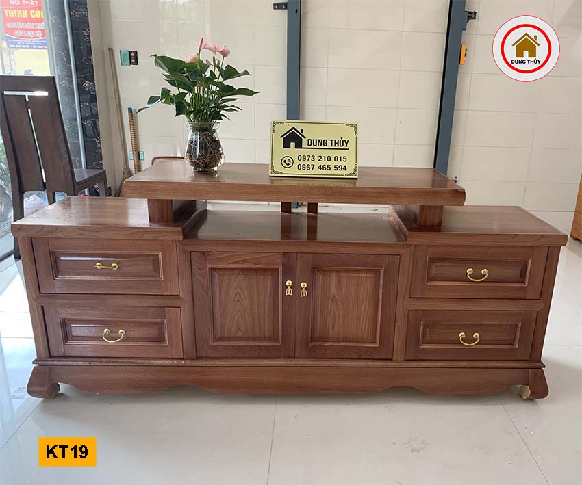 Kệ tivi 2 ngăn kéo 4 ô tủ gỗ xoan đào KT19