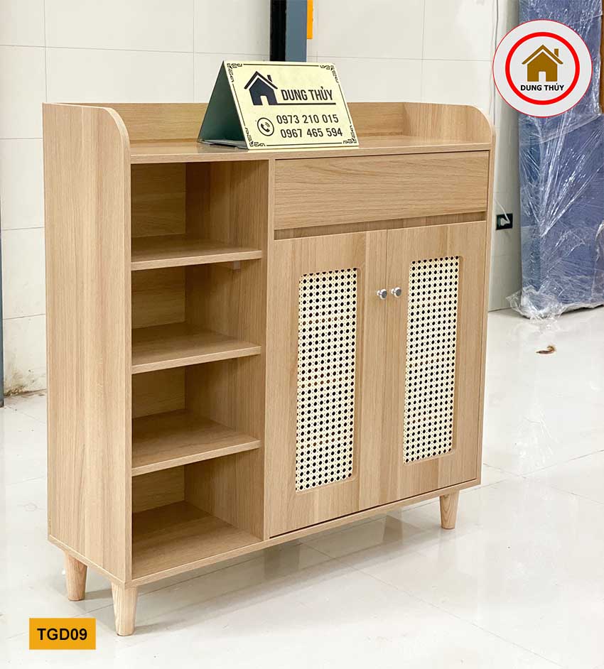 Tủ giầy dép 2 cánh 1 kệ kèm họa tiết đan mây gỗ công nghiệp TGD09