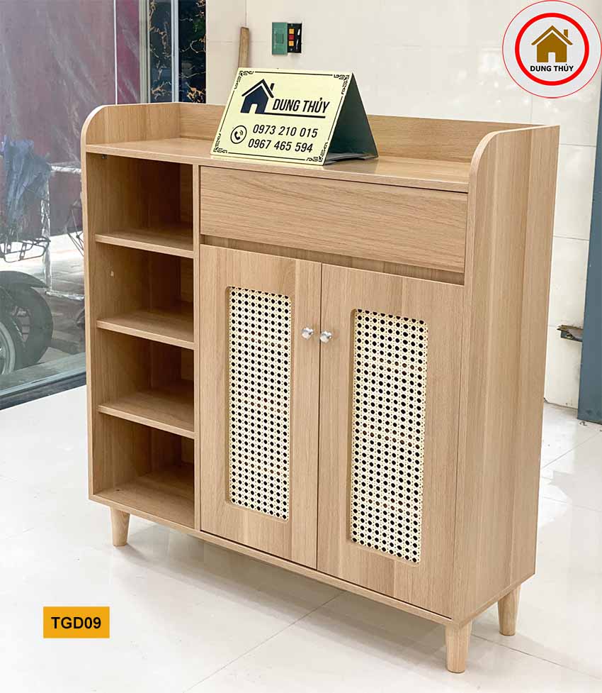 Tủ giầy dép 2 cánh 1 kệ kèm họa tiết đan mây gỗ công nghiệp TGD09