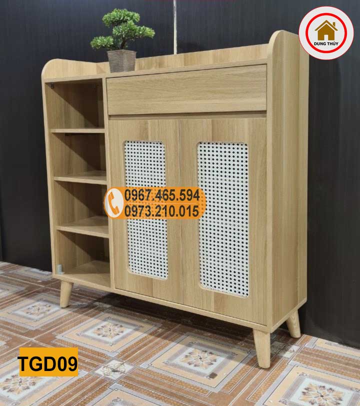Tủ giầy dép 2 cánh 1 kệ kèm họa tiết đan mây gỗ công nghiệp TGD09