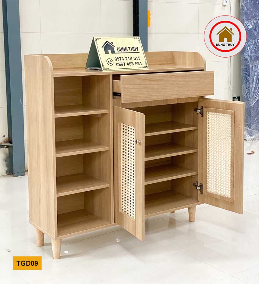 Tủ giầy dép 2 cánh 1 kệ kèm họa tiết đan mây gỗ công nghiệp TGD09