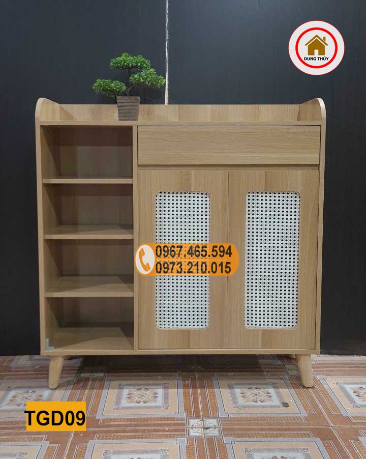 Tủ giầy dép 2 cánh 1 kệ kèm họa tiết đan mây gỗ công nghiệp TGD09