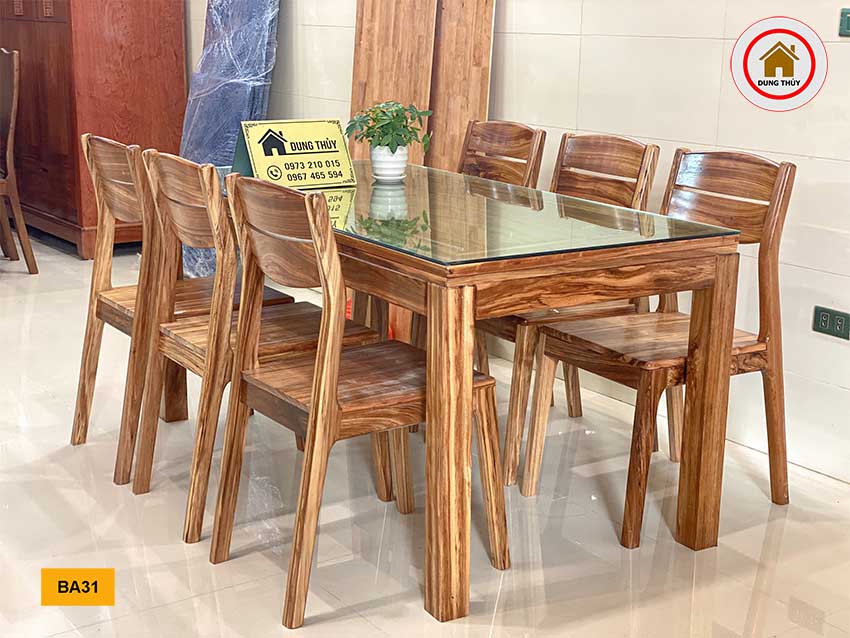Bộ bàn ăn 6 ghế chân thẳng ghế 2 lá gỗ hương xám BA31