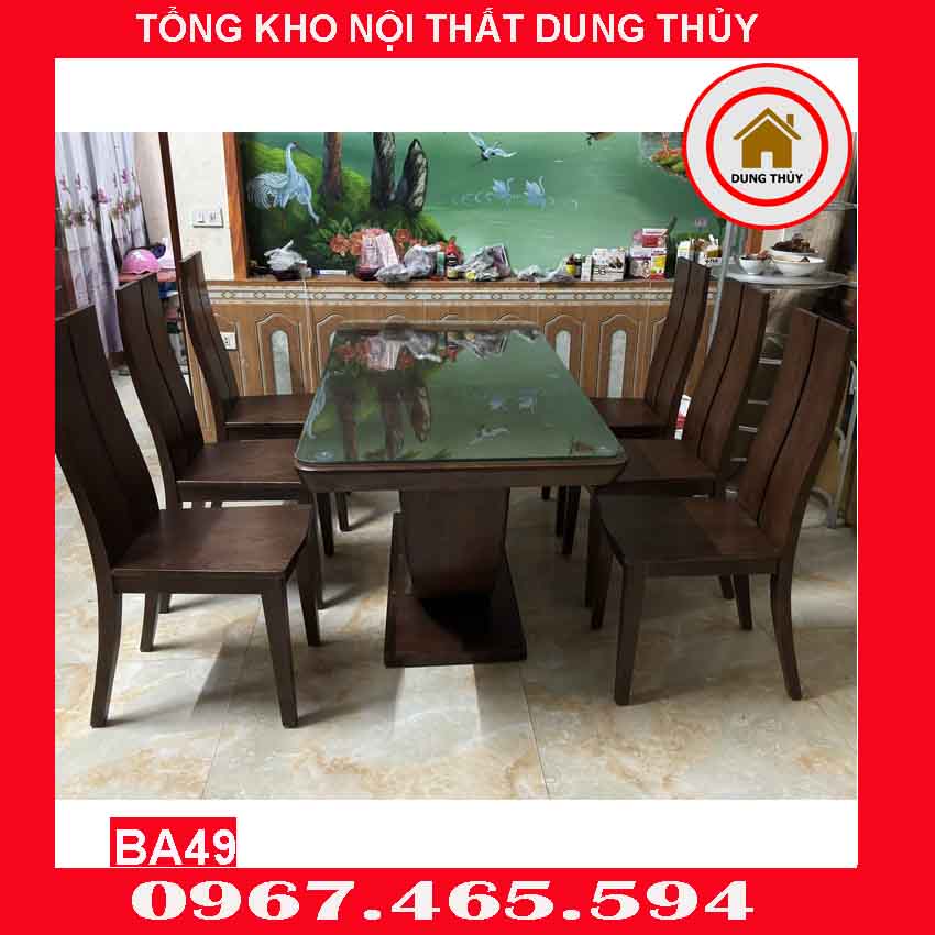 Bàn ăn chân quỳ chữ U kèm 6 ghế ba tiêu gỗ sồi Nga BA49