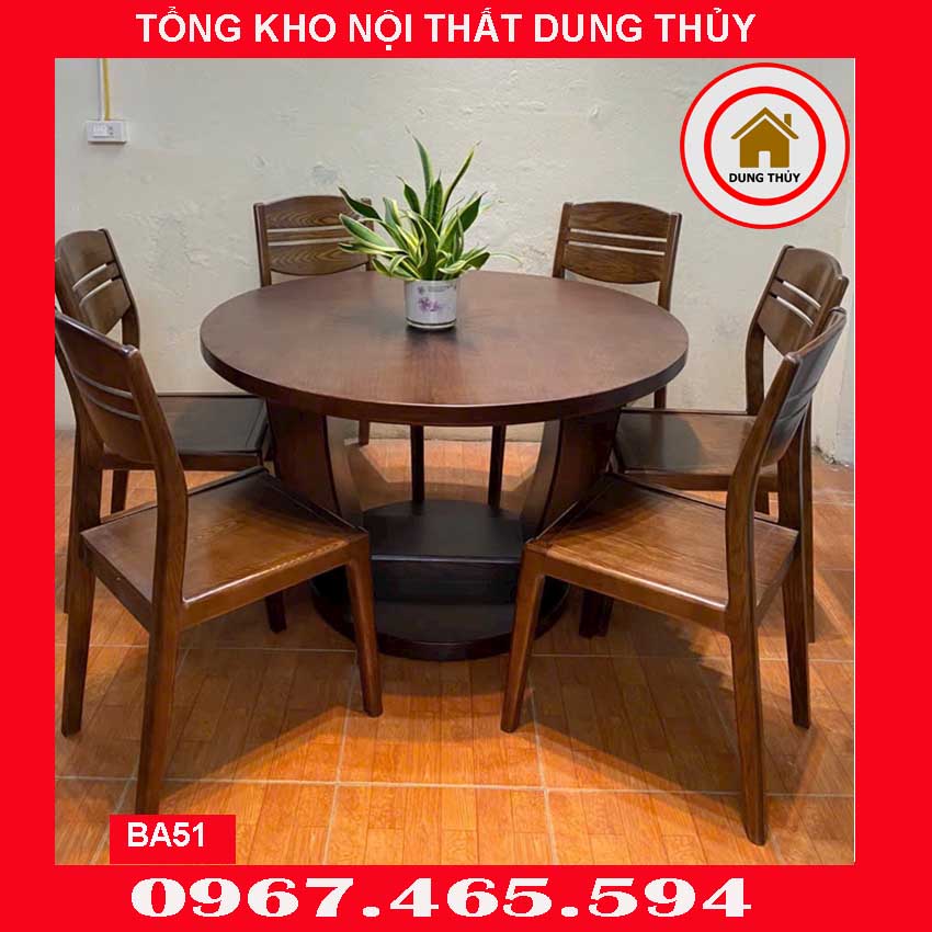 Bộ bàn ăn tròn 6 ghế tựa thấp gỗ sồi Nga BA51