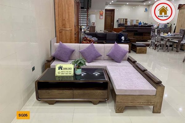 sofa góc trứng nhỏ gỗ sồi SG05 kèm bàn bom