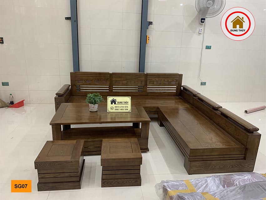 sofa góc trứng to gỗ sồi SG07 màu óc chó