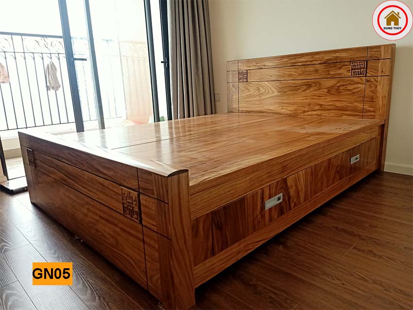 Giường ngủ 2 ngăn kéo gỗ hương xám cao cấp GN05