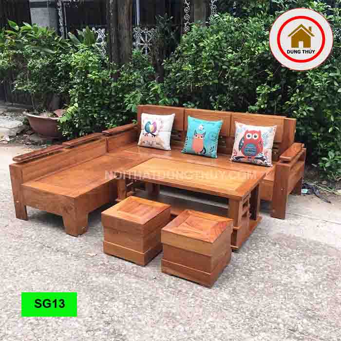 Bộ ghế sofa góc gỗ hương xám vàng SG13