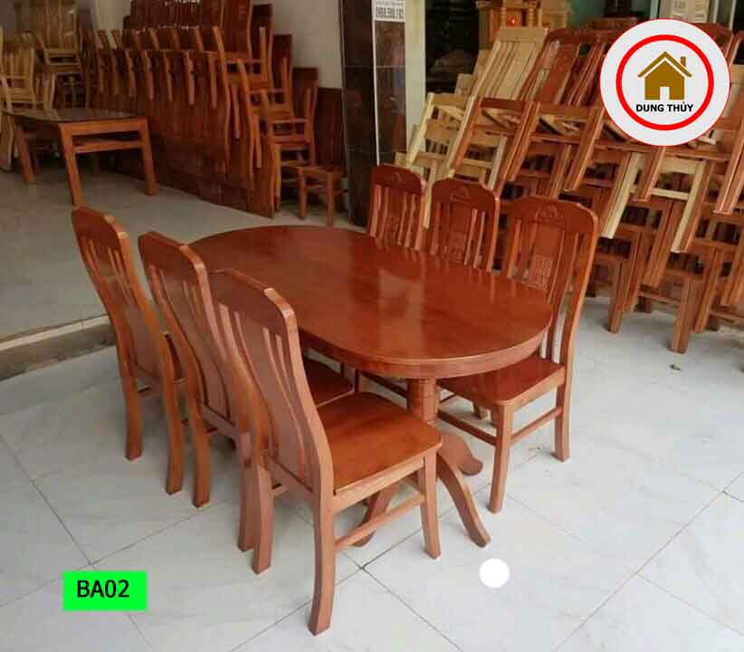 Bàn ăn 6 ghế bầu dục gỗ sồi Nga BA02