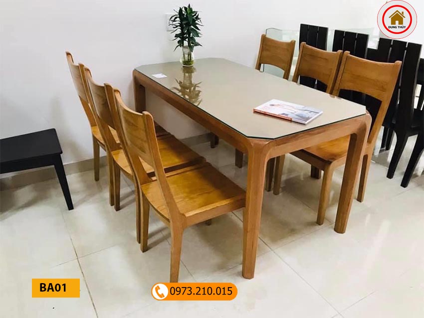 Bàn ăn 6 ghế phong cách đơn giản gỗ sồi Nga BA01