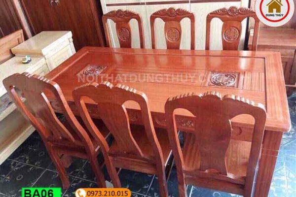 Bàn ăn chữ nhật 6 ghế kiểu xưa gỗ xoan đào BA06