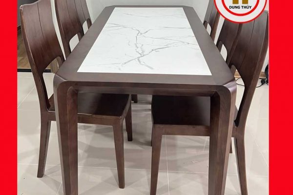 Bàn ăn 6 ghế mặt liền bàn chữ nhật kiểu đơn giản gỗ sồi Nga BA10 2