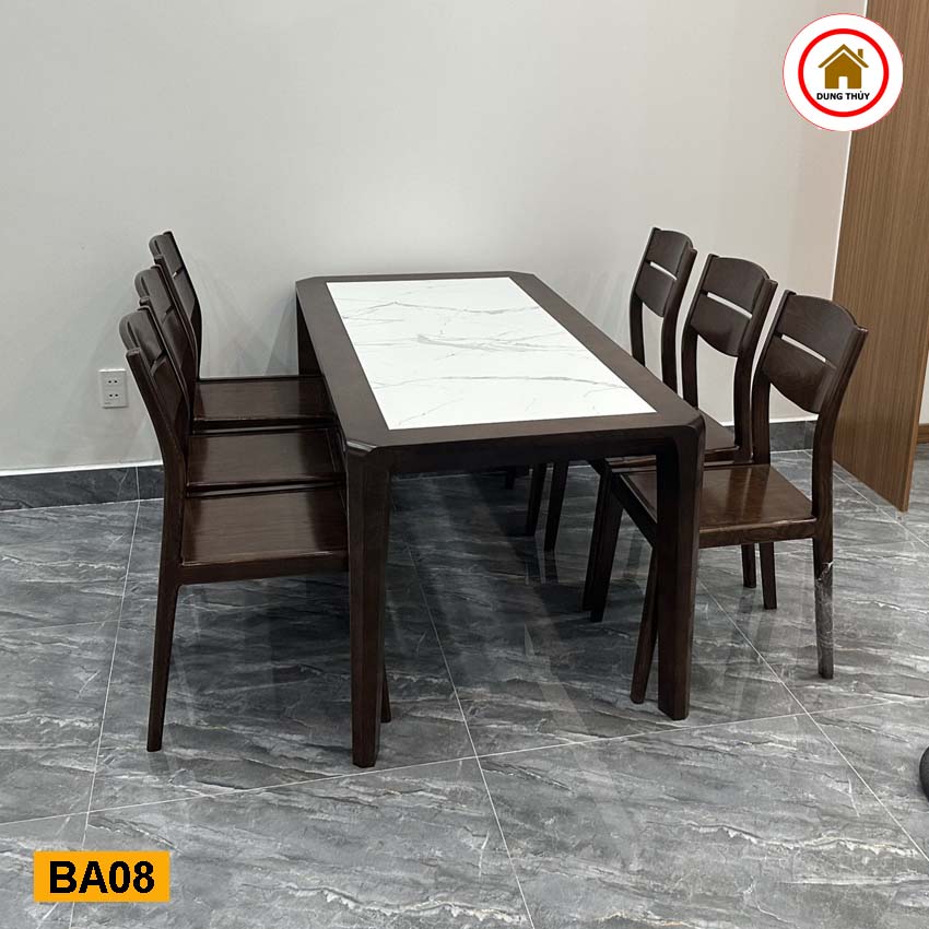 Bộ bàn ăn 6 ghế gỗ sồi Nga mặt đá nhân tạo BA08 đẹp
