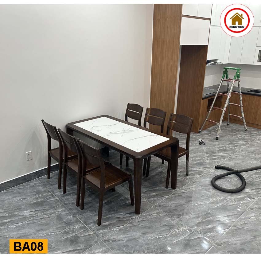 Bộ bàn ăn 6 ghế gỗ sồi Nga mặt đá nhân tạo BA08 đẹp