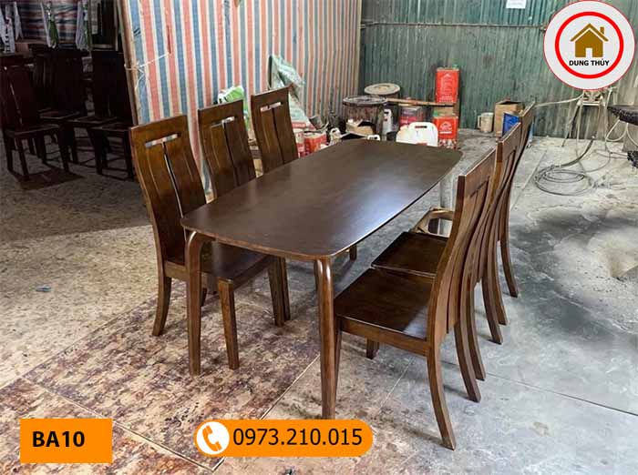 Bàn ăn 6 ghế mặt liền bàn chữ nhật kiểu đơn giản gỗ sồi Nga BA10