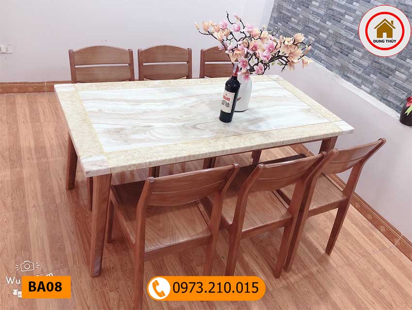 Bộ bàn ăn 6 ghế gỗ sồi Nga mặt đá nhân tạo BA08