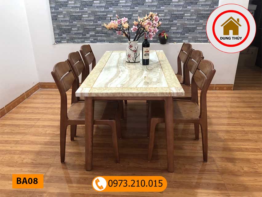Bộ bàn ăn 6 ghế gỗ sồi Nga mặt đá nhân tạo BA08