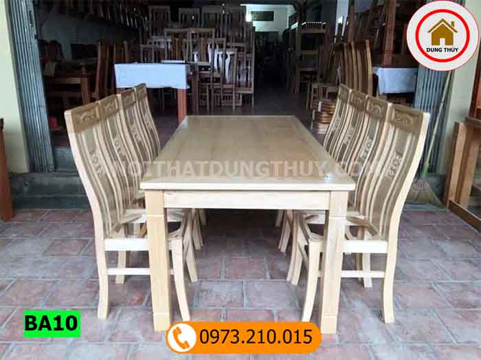 Bàn ăn 6 ghế mặt liền bàn chữ nhật kiểu đơn giản gỗ sồi Nga BA10