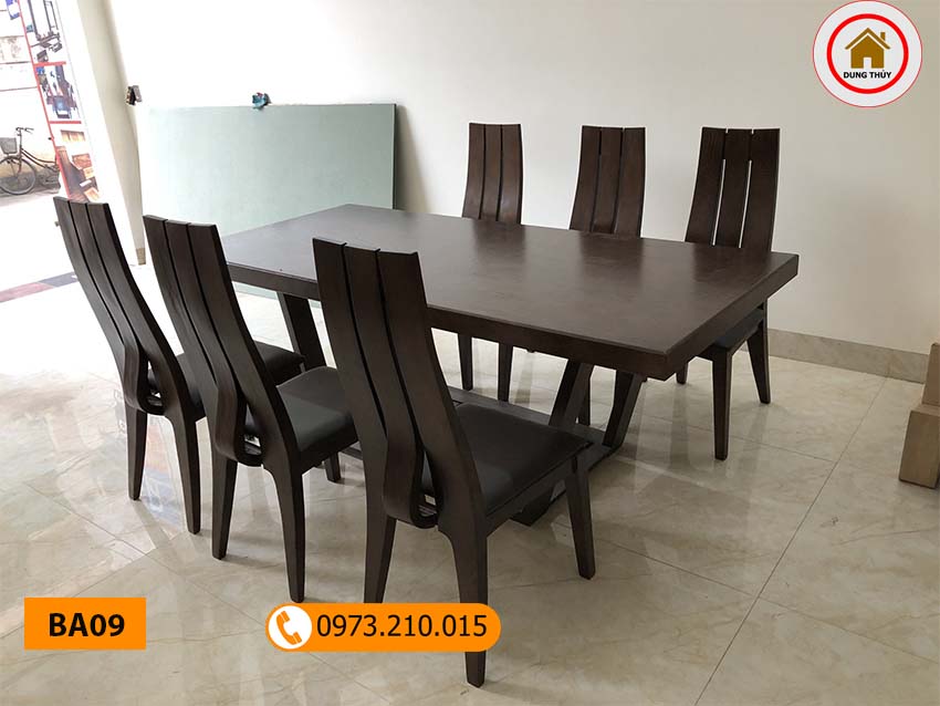 Bàn ăn mặt liền 6 ghế chữ nhật gỗ sồi Nga BA09
