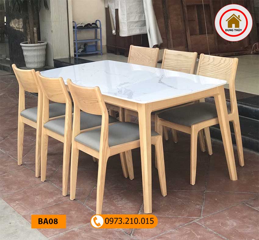 Bộ bàn ăn 6 ghế gỗ sồi Nga mặt đá nhân tạo BA08