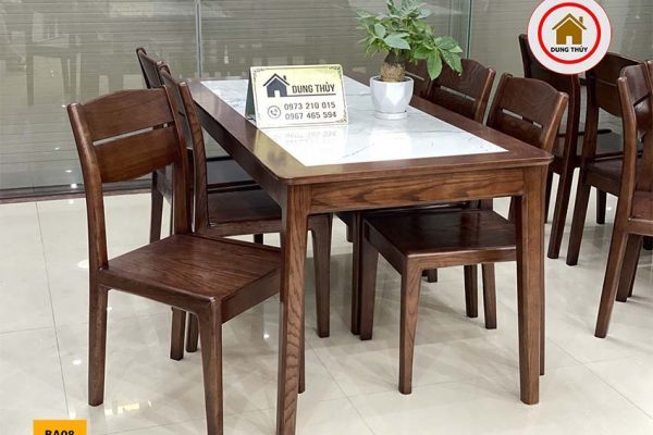 bộ bàn ăn 6 ghế gỗ sồi mặt đá BA08