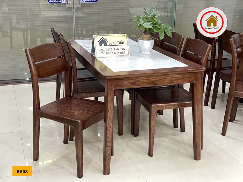 bộ bàn ăn 6 ghế gỗ sồi mặt đá BA08