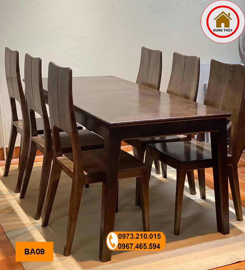 Bàn ăn mặt liền 6 ghế chữ nhật gỗ sồi Nga BA09