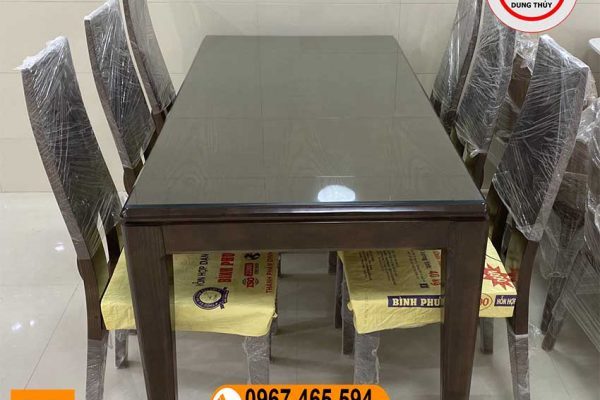 Bàn ăn 6 ghế mặt liền bàn chữ nhật kiểu đơn giản gỗ sồi Nga BA10