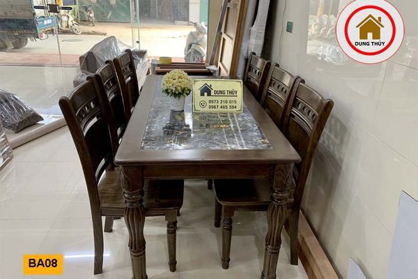 bàn ăn 6 ghế gỗ sồi Nga kèm bàn mặt đá BA08