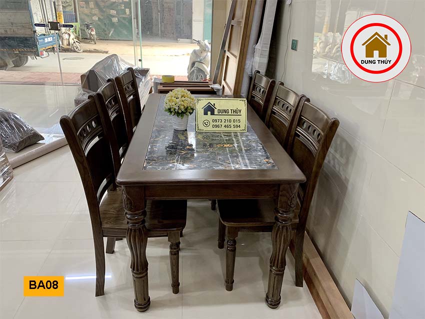 bàn ăn 6 ghế gỗ sồi Nga kèm bàn mặt đá BA08
