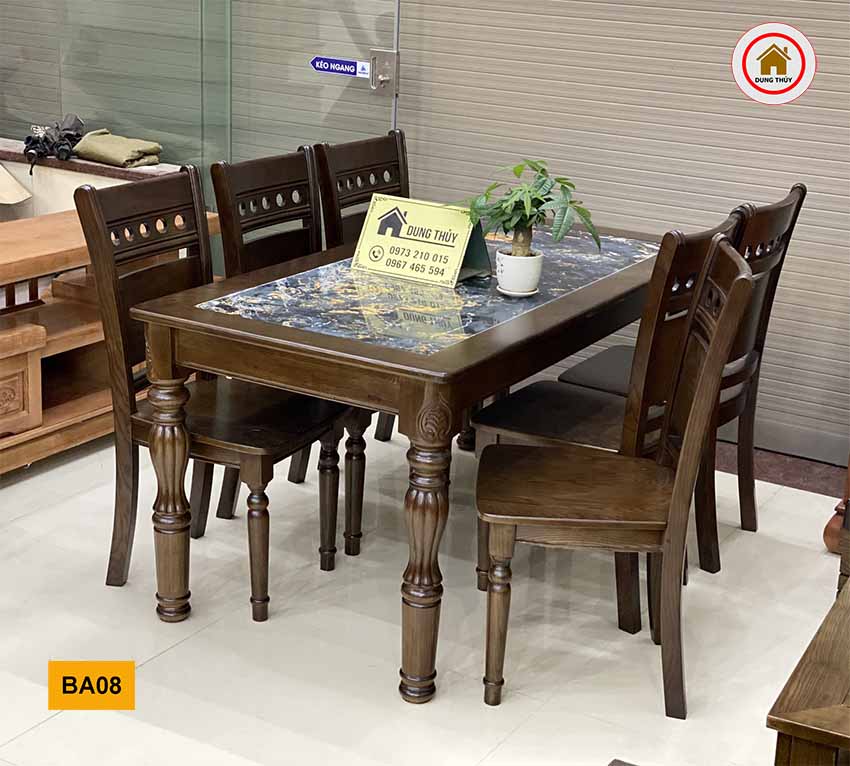 bàn ăn 6 ghế mặt đá nhân tạo đen BA08