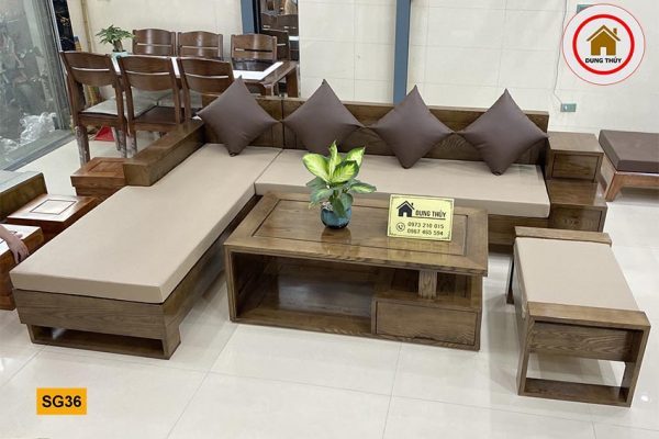 sofa góc chữ L gỗ sồi Nga 3 ngăn kéo SG36