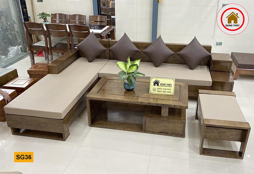 sofa góc chữ L gỗ sồi Nga 3 ngăn kéo SG36